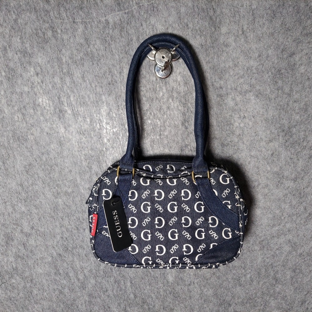 VTG Y2K GUESS Mini Boston Bag Denim GG Monogram Blue‎ White Duffle Style Purse